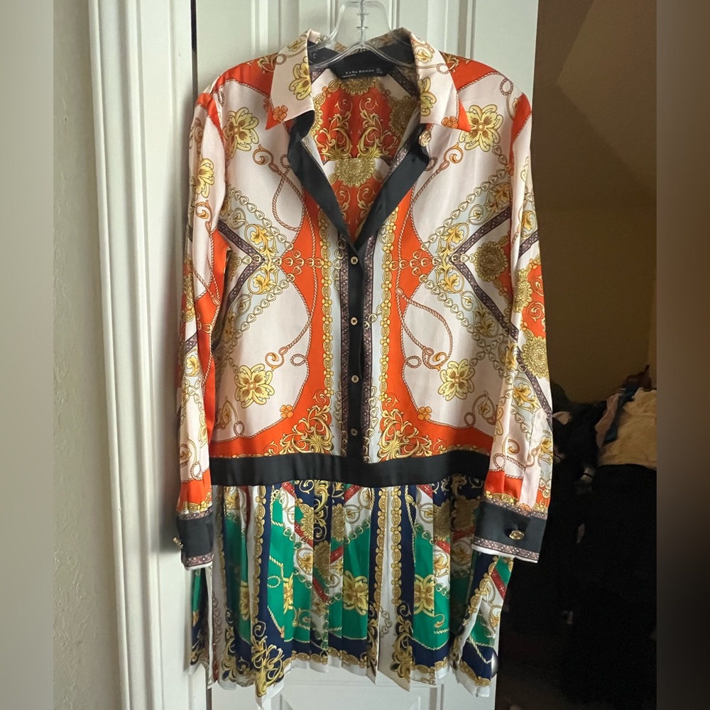 Zara Satin-Feel Long Sleeve Dress with Collar